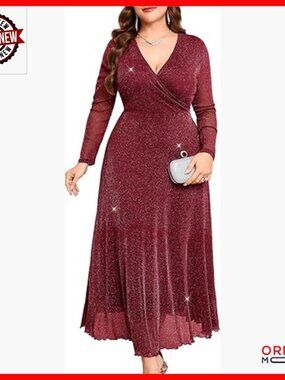 Plus Size Sparkly Maxi Dress V-Neck Wrap Long Sleeve Glitter Mesh Gown